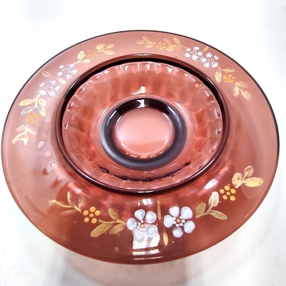 Vintage Amber Glass Serving Set – Hand-Painted Floral Butter Dish, Creamer & Cup - Picture 4 of 15